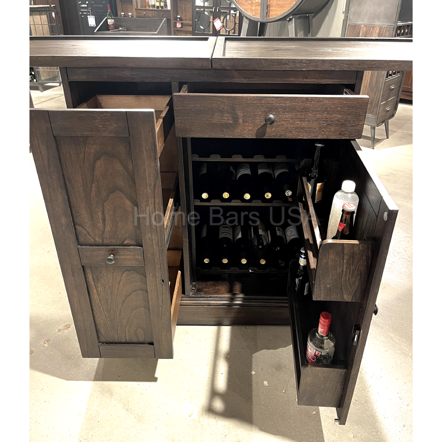Howard Miller Tipple Wine & Bar Console 695280 view with open counter top and shelves showing inside interior - Home Bars USA
