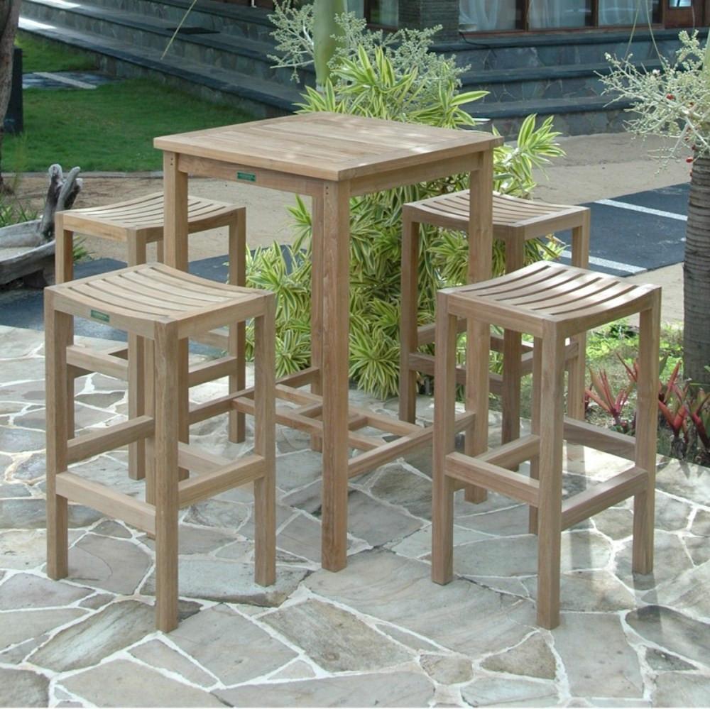Anderson Teak Outdoor Bar Set with Avalon 27" Square Outdoor Bar Table and 4 New Montego Backless Outdoor Bar Chairs - Home Bars USA