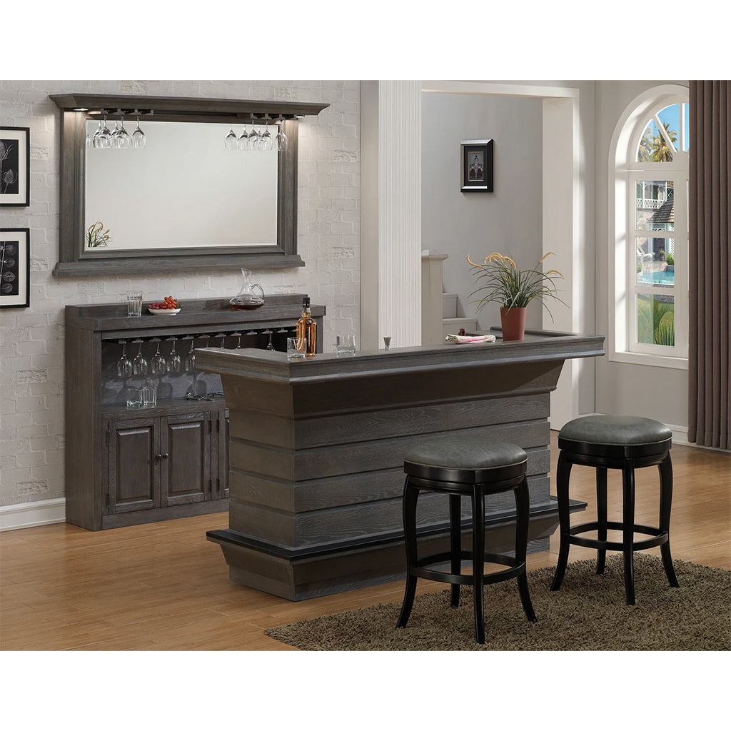 American Heritage Caliente Home Bar in Glacier full set with bar stools, bar mirror, and bar console - Home Bars USA