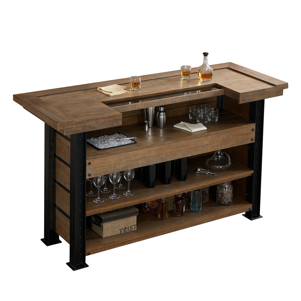 American Heritage Gateway Home Bar in Reclaimed finish showing storage details - Home Bars USA 