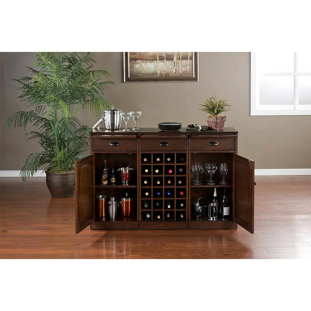 American Heritage Natalia Wine Cabinet in Navajo in interior with open doors showing storage - Home Bars USA