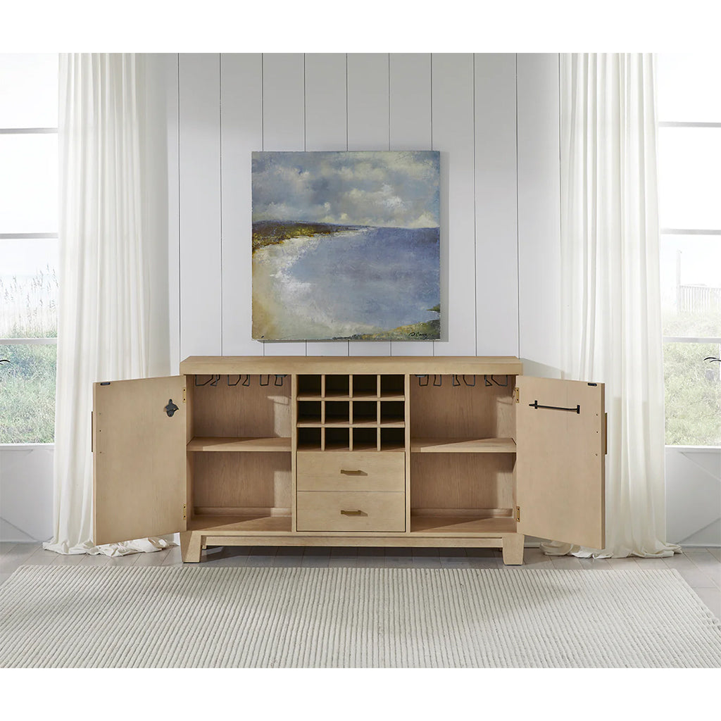 American Heritage Port Royal Bar Console in White Oak storage details - Home Bars USA