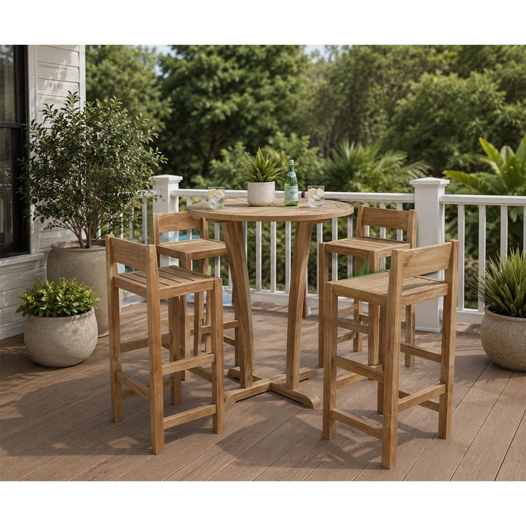 Anderson Teak Descanso Sedona Outdoor Bar Set with Descanso 35" Round Outdoor Bar Table and 4 Sedona Outdoor Bar Chairs - Home Bars USA