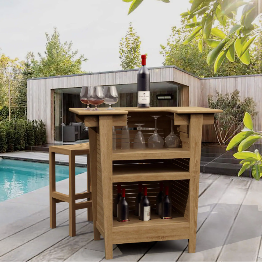 Anderson Teak Montego Outdoor Bar Table Set front by the pool - Home Bars USA
