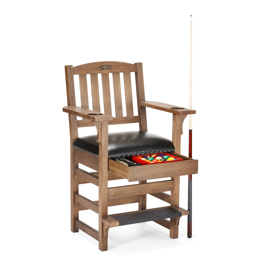 Brunswick Centennial Player's Chair in Rustic Dark Brown showing cue holder and storage space - Home Bars USA