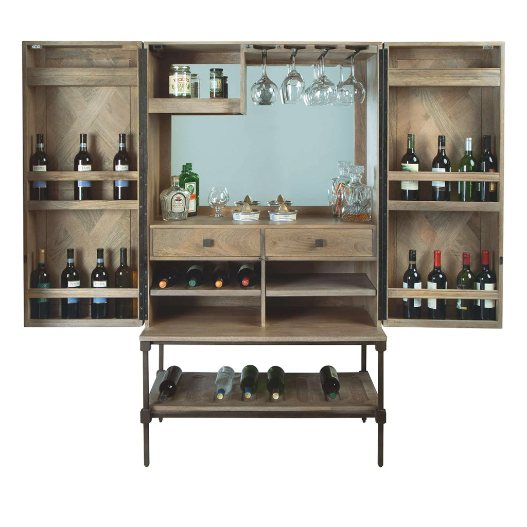 Howard Miller Abel Wine &amp; Bar Cabinet 695336 front with open doors showing shelves, drawers, racks - Home Bars USA