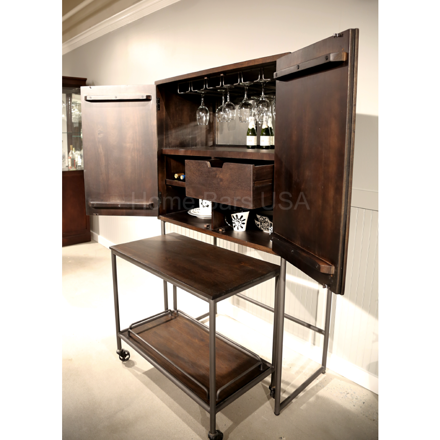 Howard Miller Bar Cart Wine &amp; Bar Cabinet 695222 real photo side view with open doors and bar cart out - Home Bars USA