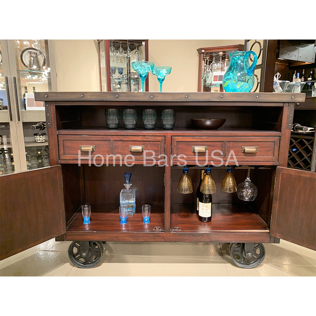 Howard Miller Barrows Wine &amp; Bar Console 695146 real photo of the front interior showing the storage details - Home Bars USA