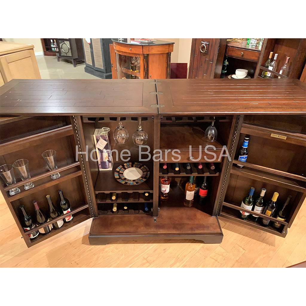 Howard Miller Benmore Valley Wine &amp; Bar Console 695124 real photo of bar front with open doors and open serving space showing inside details - Home Bars USA