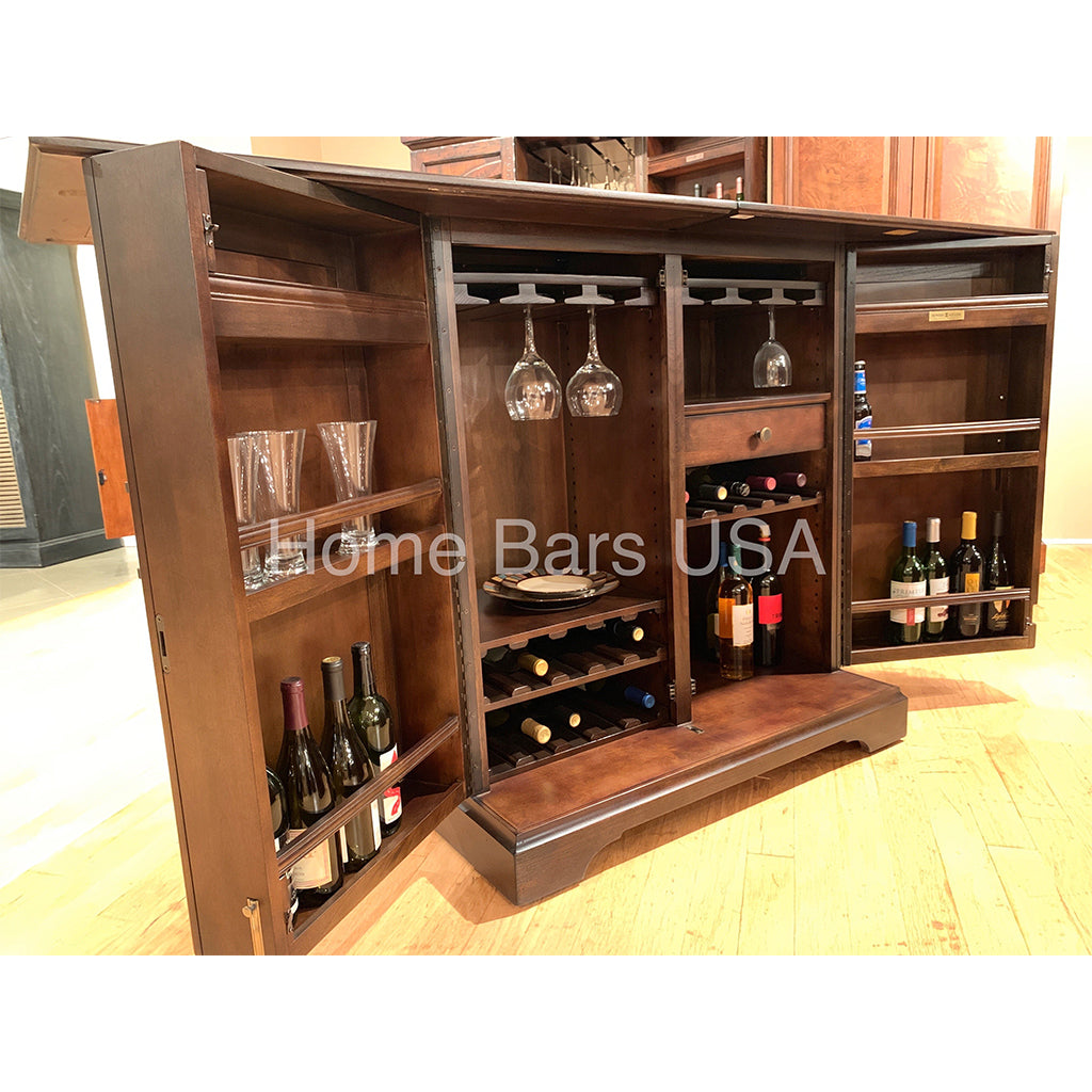 Howard Miller Benmore Valley Wine &amp; Bar Console 695124 real photo of bar side with open doors showing inside details - Home Bars USA