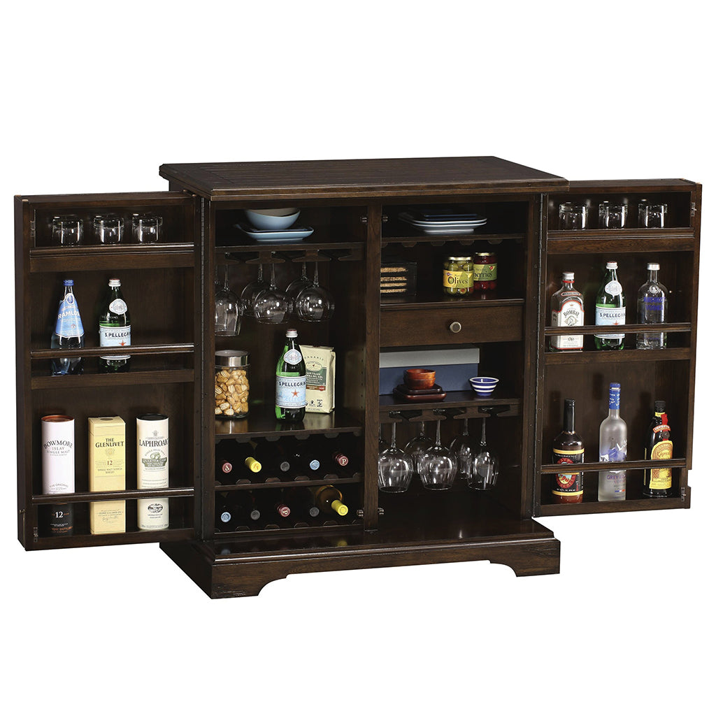 Howard Miller Benmore Valley Wine &amp; Bar Console 695124 front view with open doors showing inside details - Home Bars USA