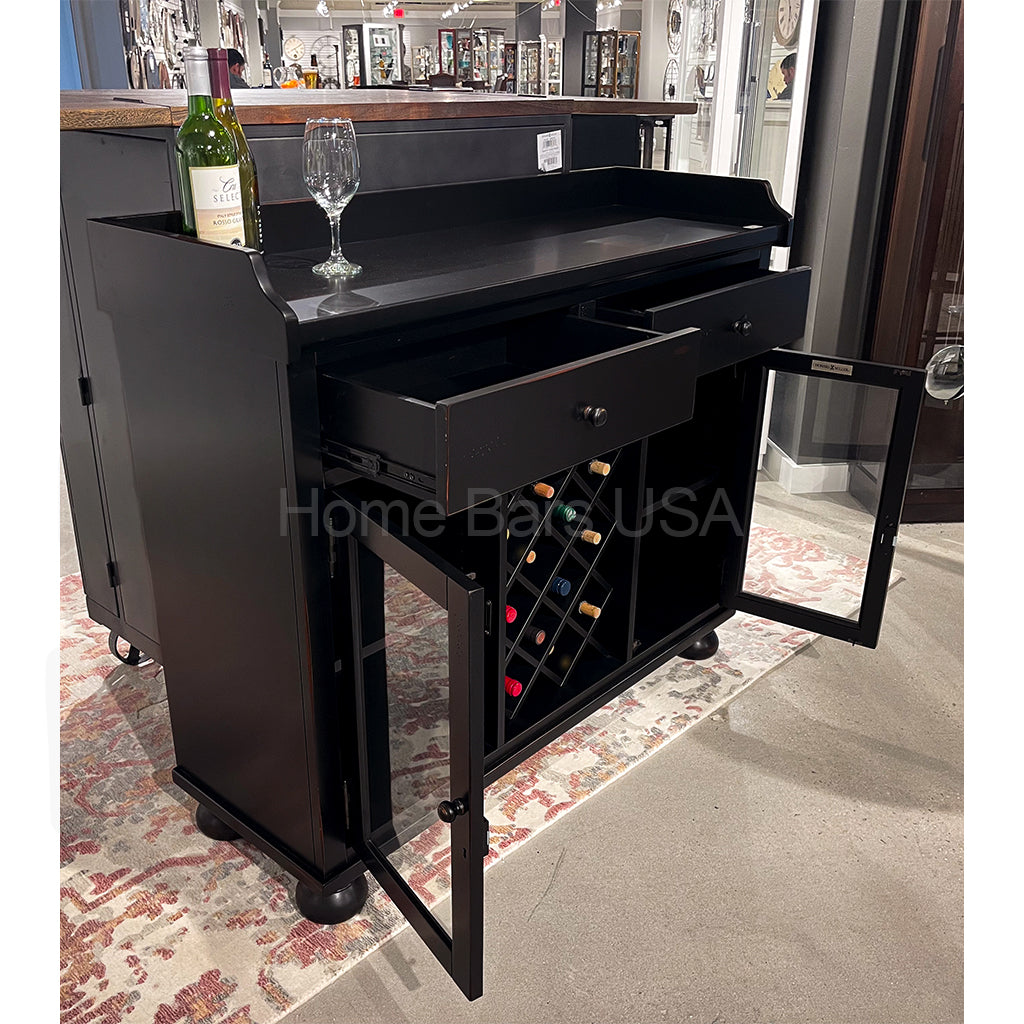 Howard Miller Cabernet Hills Wine &amp; Bar Console 695002 real photo of bar front view with open doors and drawers showing inside details - Home Bars USA