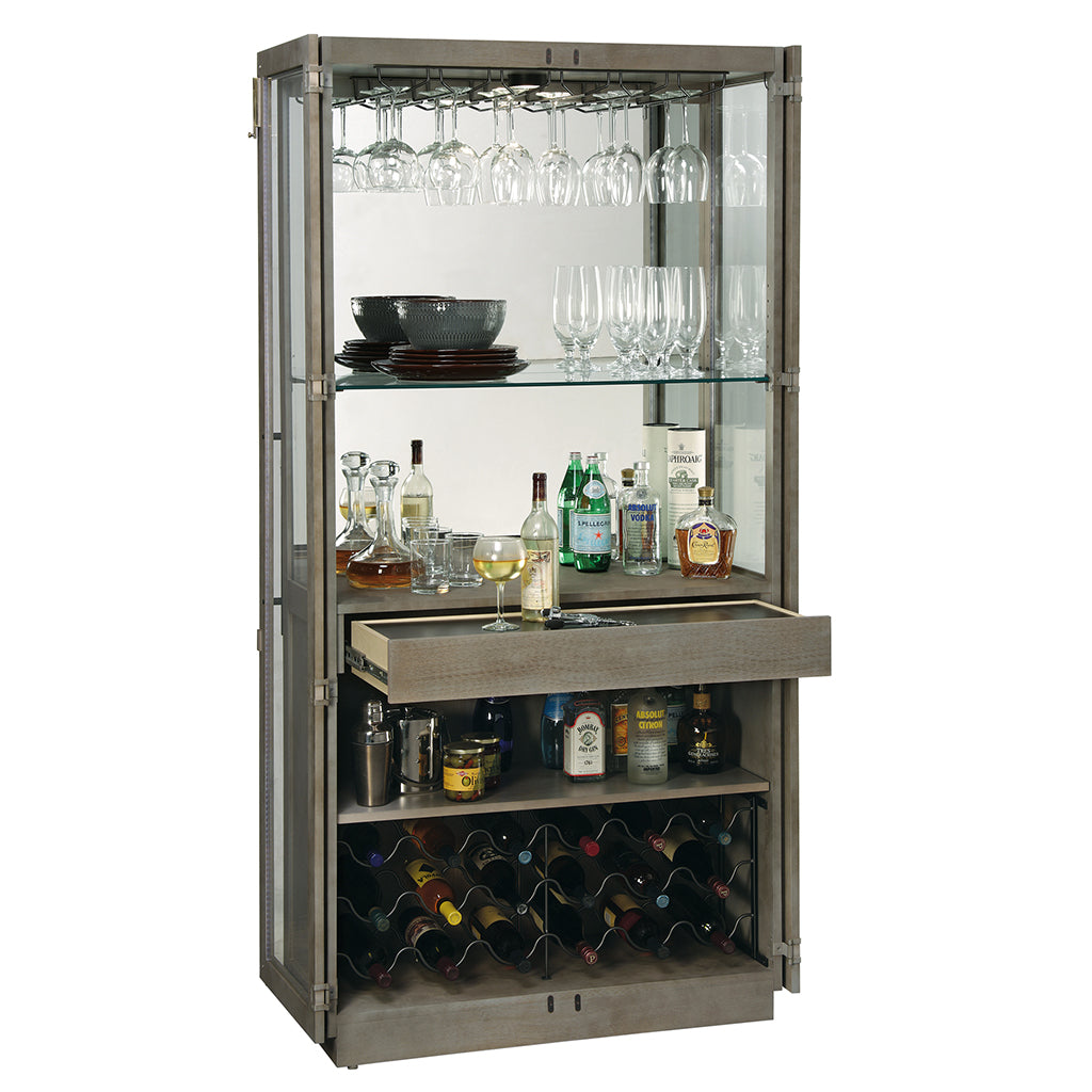 Howard Miller Chaperone Wine & Bar Cabinet 690036 with open doors and drawers showing inside details - Home Bars USA