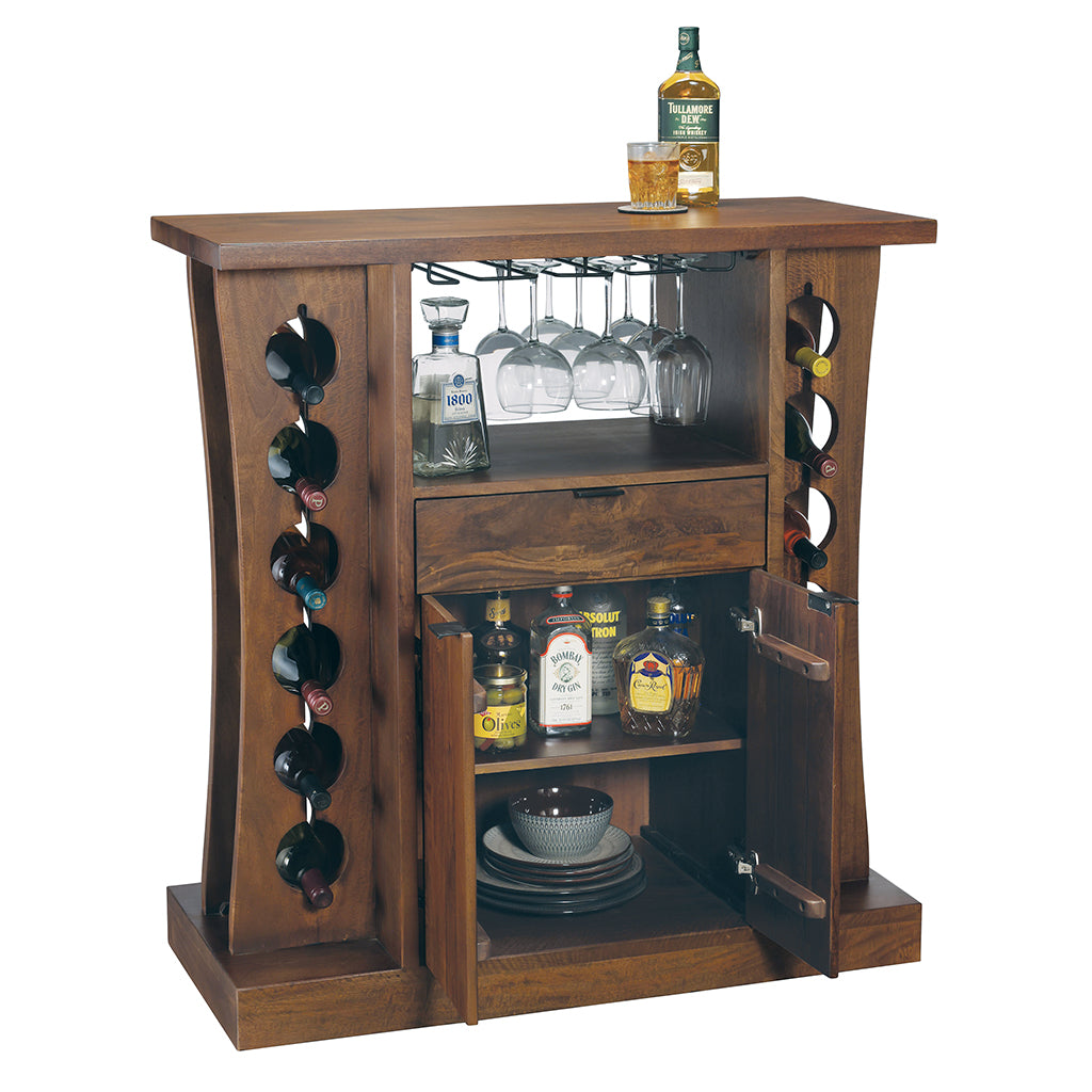 Howard Miller Connor Wine &amp; Bar Console 695334 with open doors showing storage inside - Home Bars USA