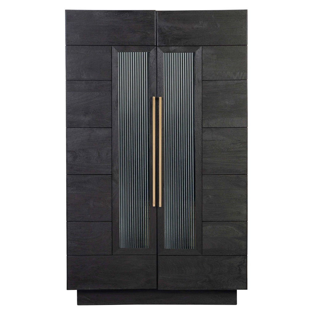 Howard Miller Elias Wine &amp; Bar Cabinet 695358 front showing linear grooved glass panel doors with elongated antique brass pulls - Home Bars USA