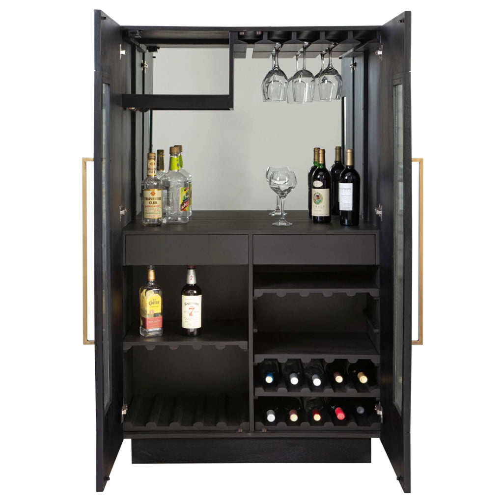 Howard Miller Elias Wine &amp; Bar Cabinet 695358 with open doors showing details inside - Home Bars USA