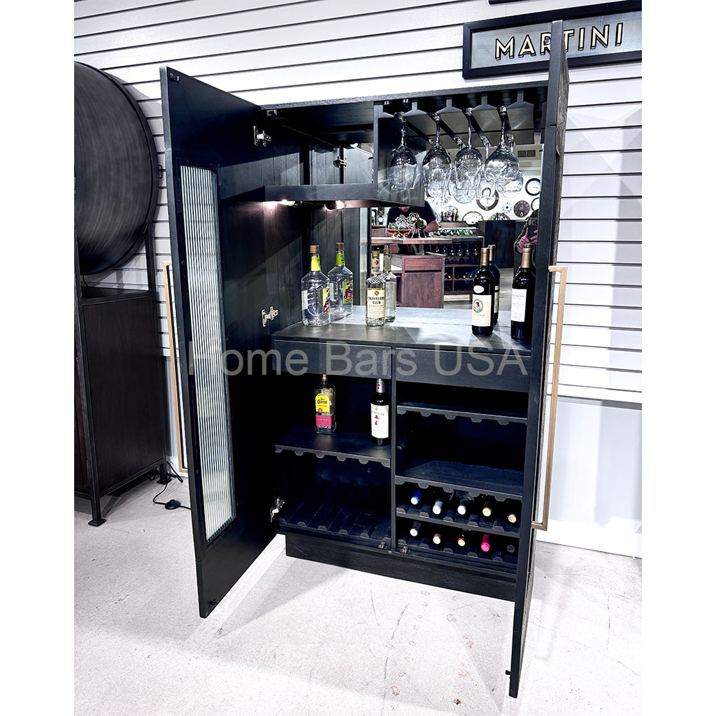 Howard Miller Elias Wine &amp; Bar Cabinet 695358 real photo of the front with open doors showing details inside - Home Bars USA