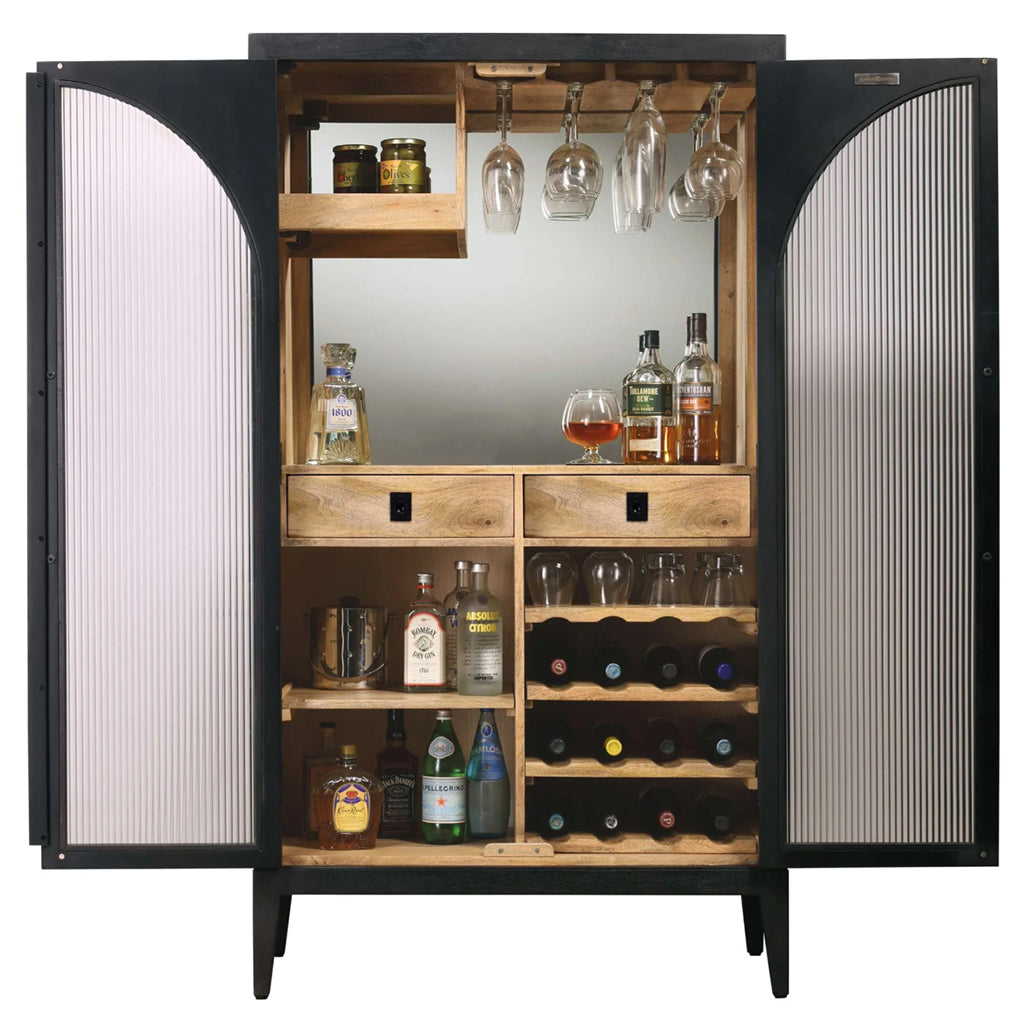 Howard Miller Jullian Wine &amp; Bar Cabinet 695372 with open doors showing storage inside - Home Bars USA