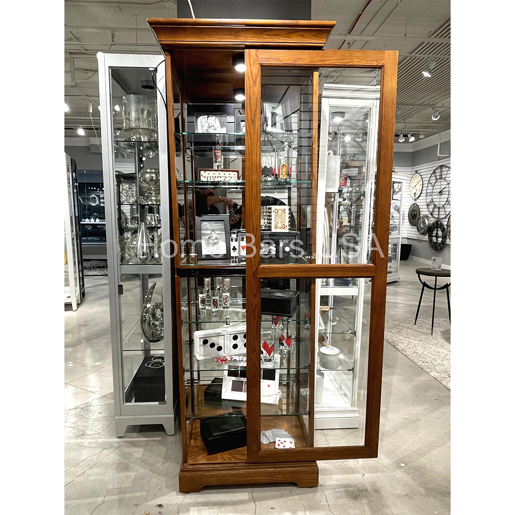 Howard Miller Moorland Curio Cabinet 680471 real photo of the front with an open sliding door - Home Bars USA