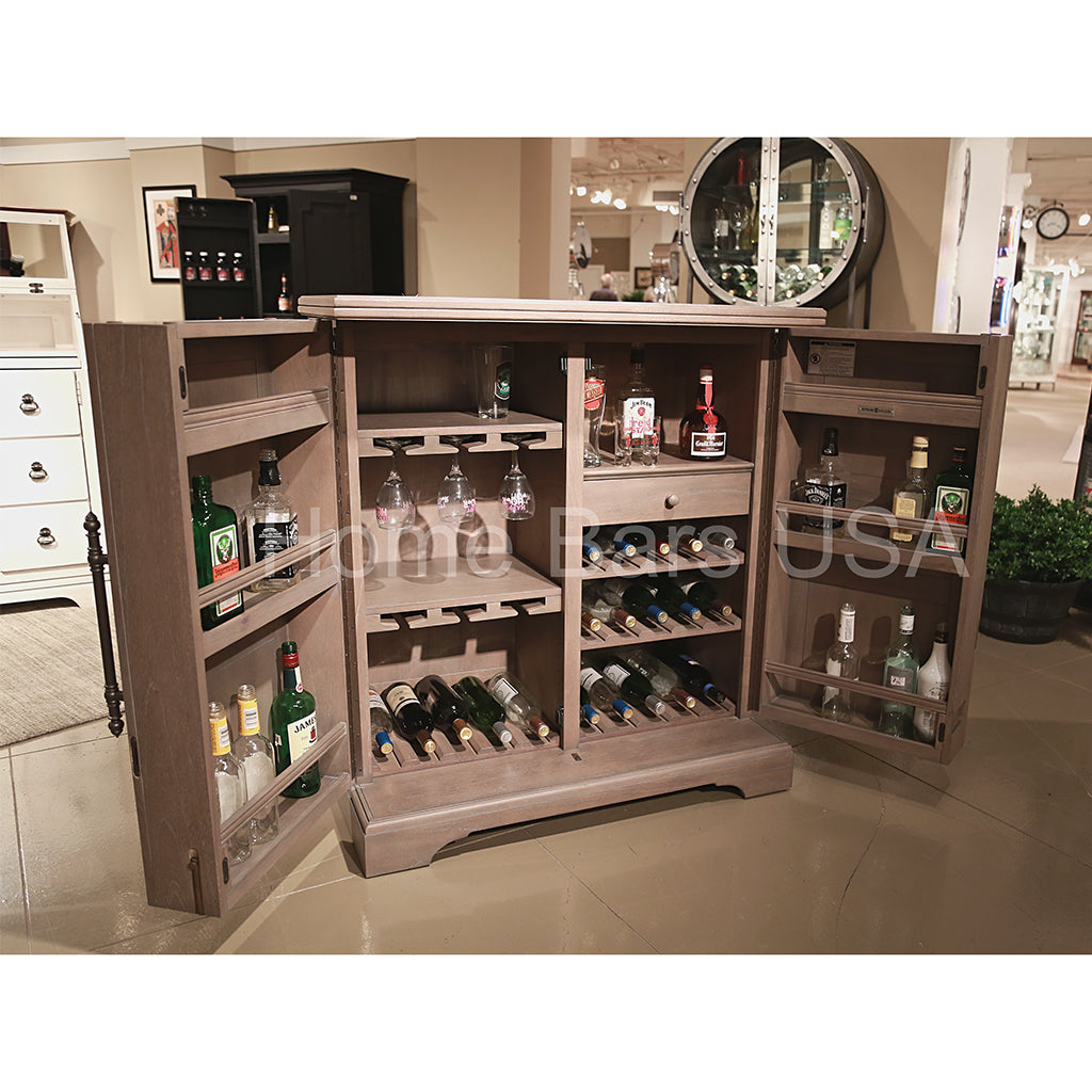 Howard Miller Passport Wine &amp; Bar Console 695276 real photo of the storage space for  liquor, wine and glasses - Home Bars USa