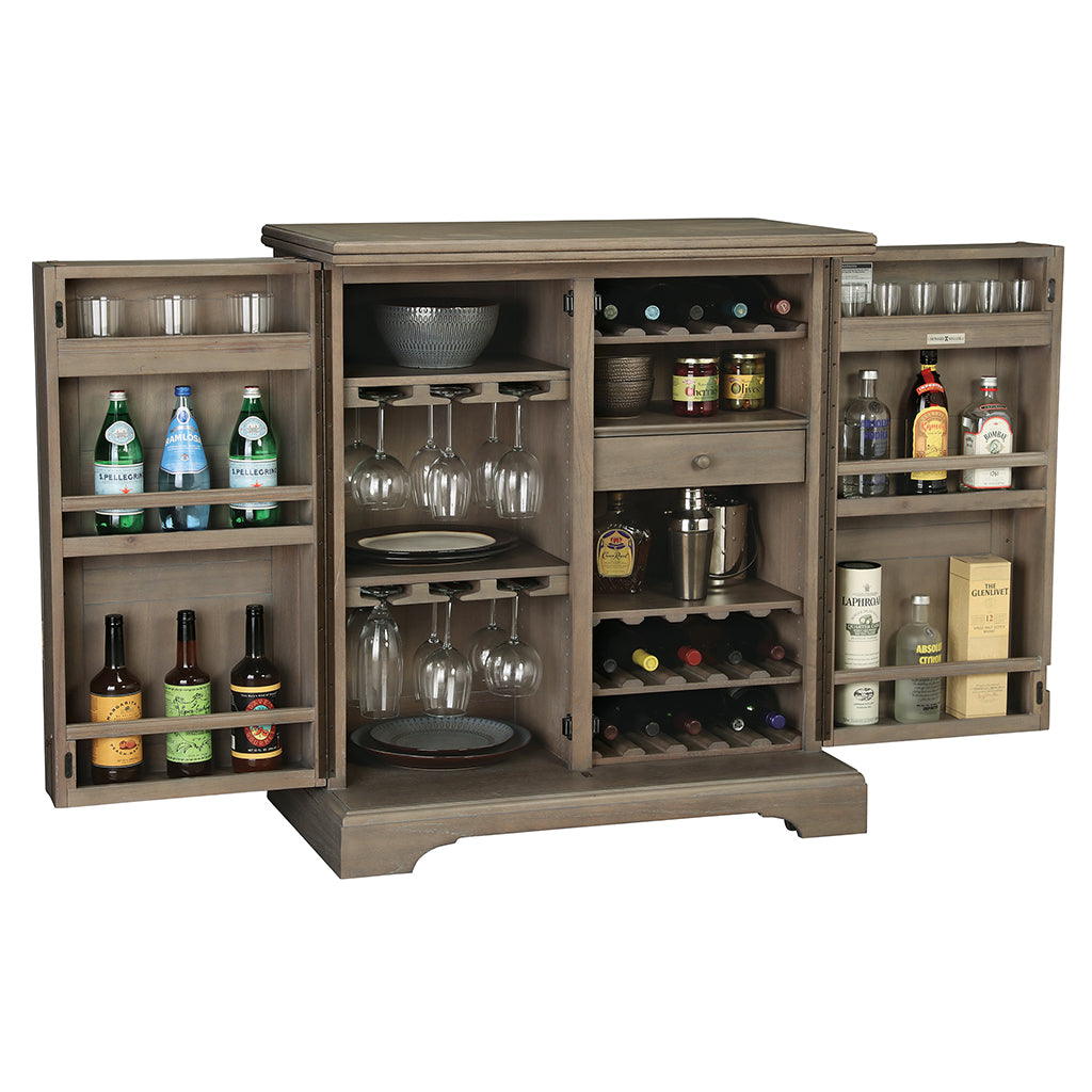Howard Miller Passport Wine &amp; Bar Console 695276 - front view with open doors with closed table - Home Bars USA