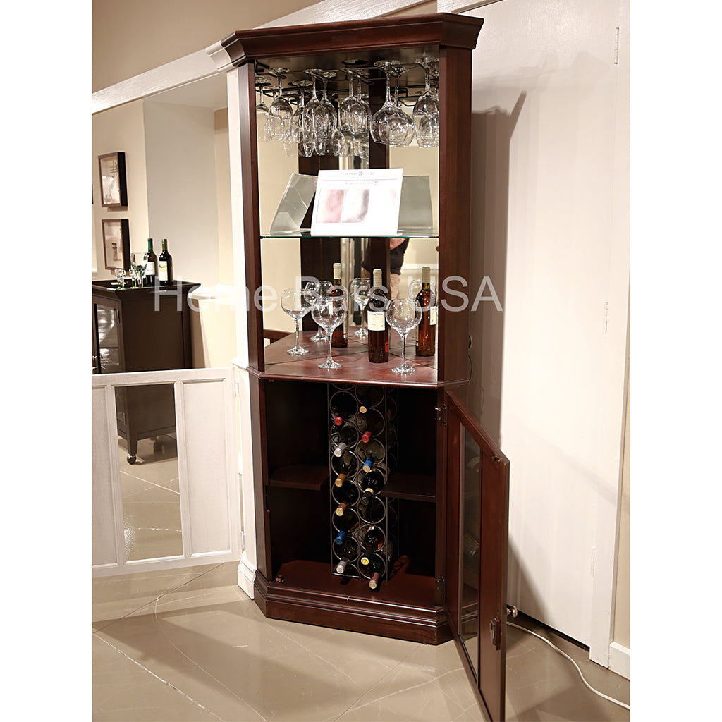 Howard Miller Piedmont III Corner Wine &amp; Bar Cabinet 690007 half side view of corner wine bar in interior and with open doors showing inside details - Home Bars USA