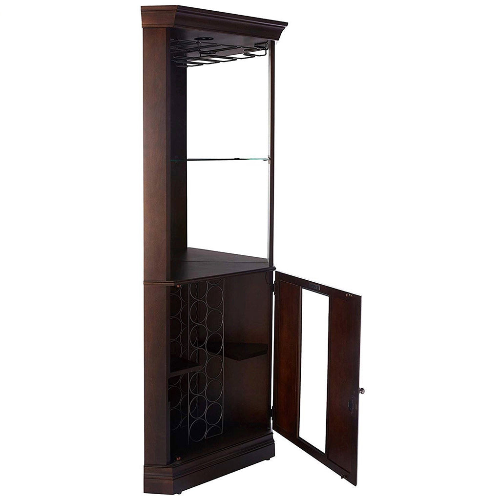 Howard Miller Piedmont III Corner Wine &amp; Bar Cabinet 690007 side view with open doors showing details inside - Home Bars USA