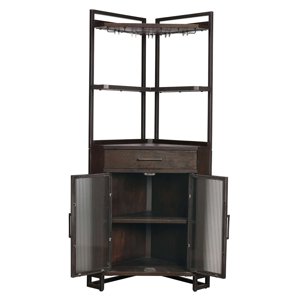 Howard Miller Studio Corner III Wine &amp; Bar Cabinet 695363 front empty with open doors showing bottle storage - Home Bars USA