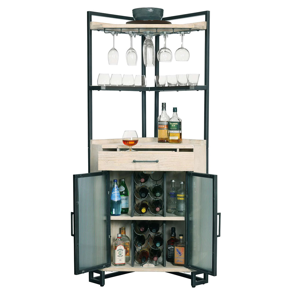 Howard Miller Studio Corner Wine & Bar Cabinet 695361 with open doors showing storage - Home Bars USA