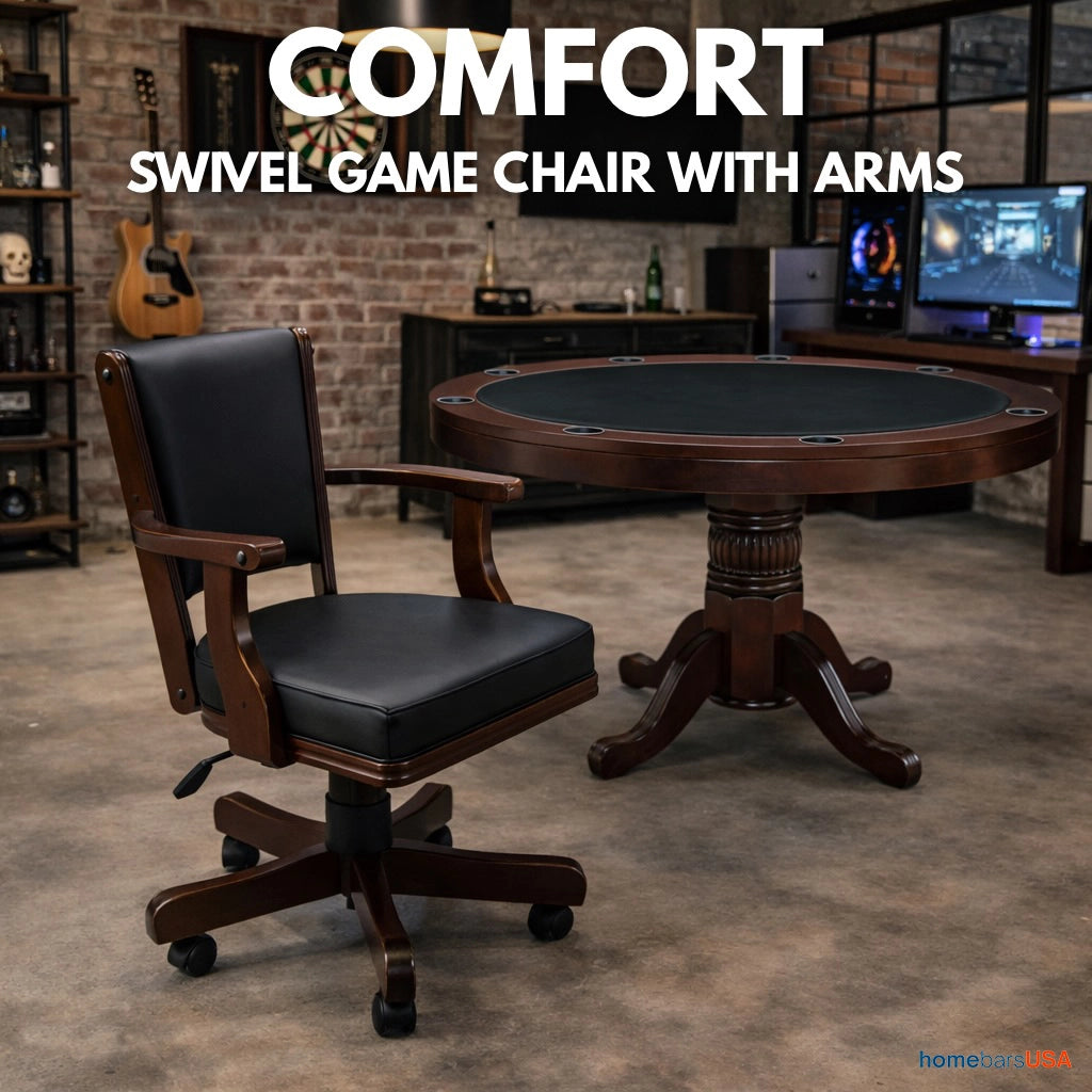 RAM Game Room 48" Game Table in Cappuccino with swivel game chair with arms - Home Bars USA