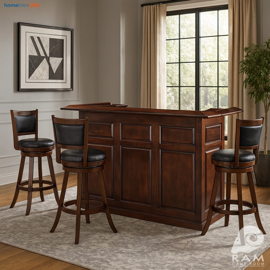 RAM Game Room 72" Home Bar in Chestnut with bar stools - Home Bars USA