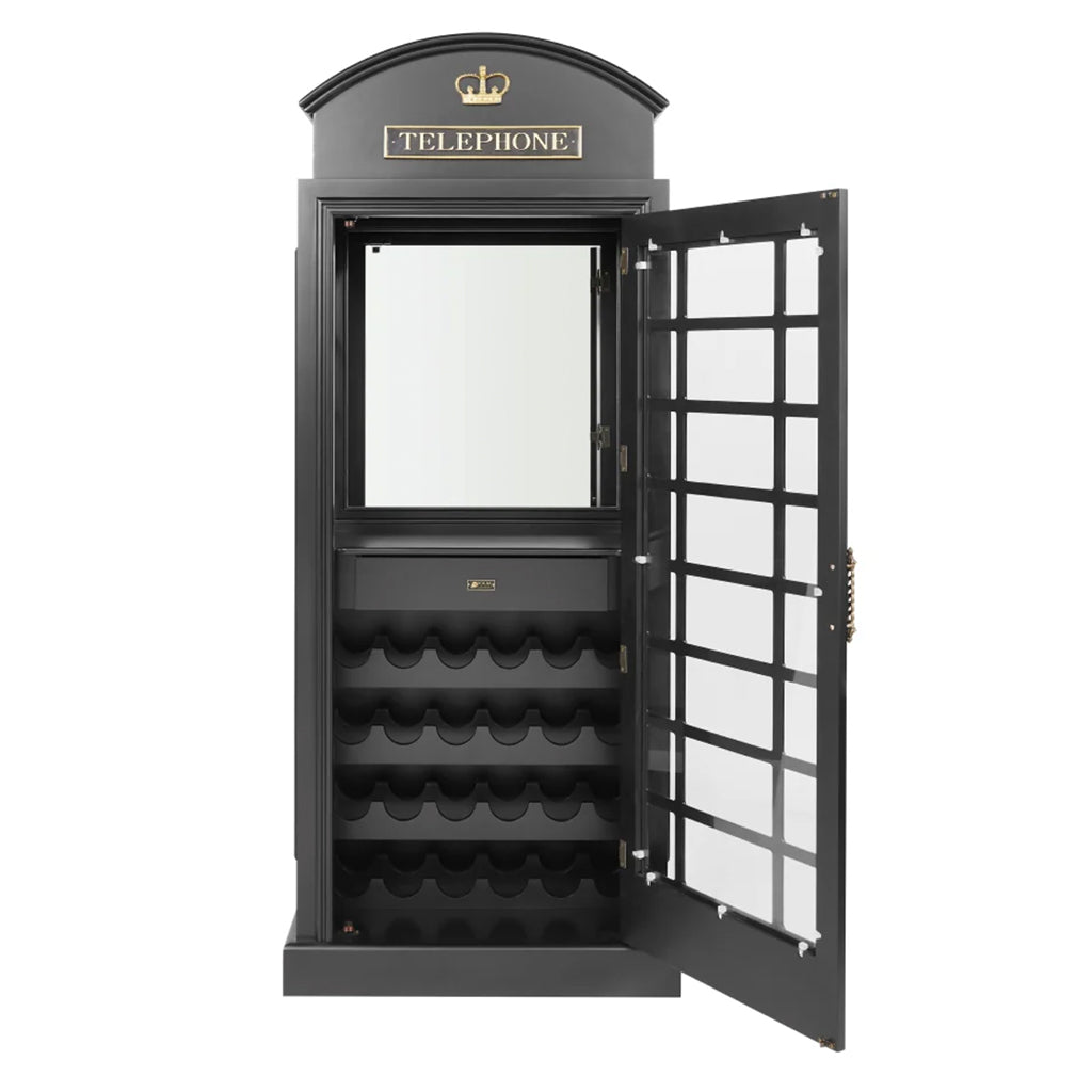 RAM Game Room English Phone Booth Bar Cabinet in Black with an open door showing details inside - Home Bars USA