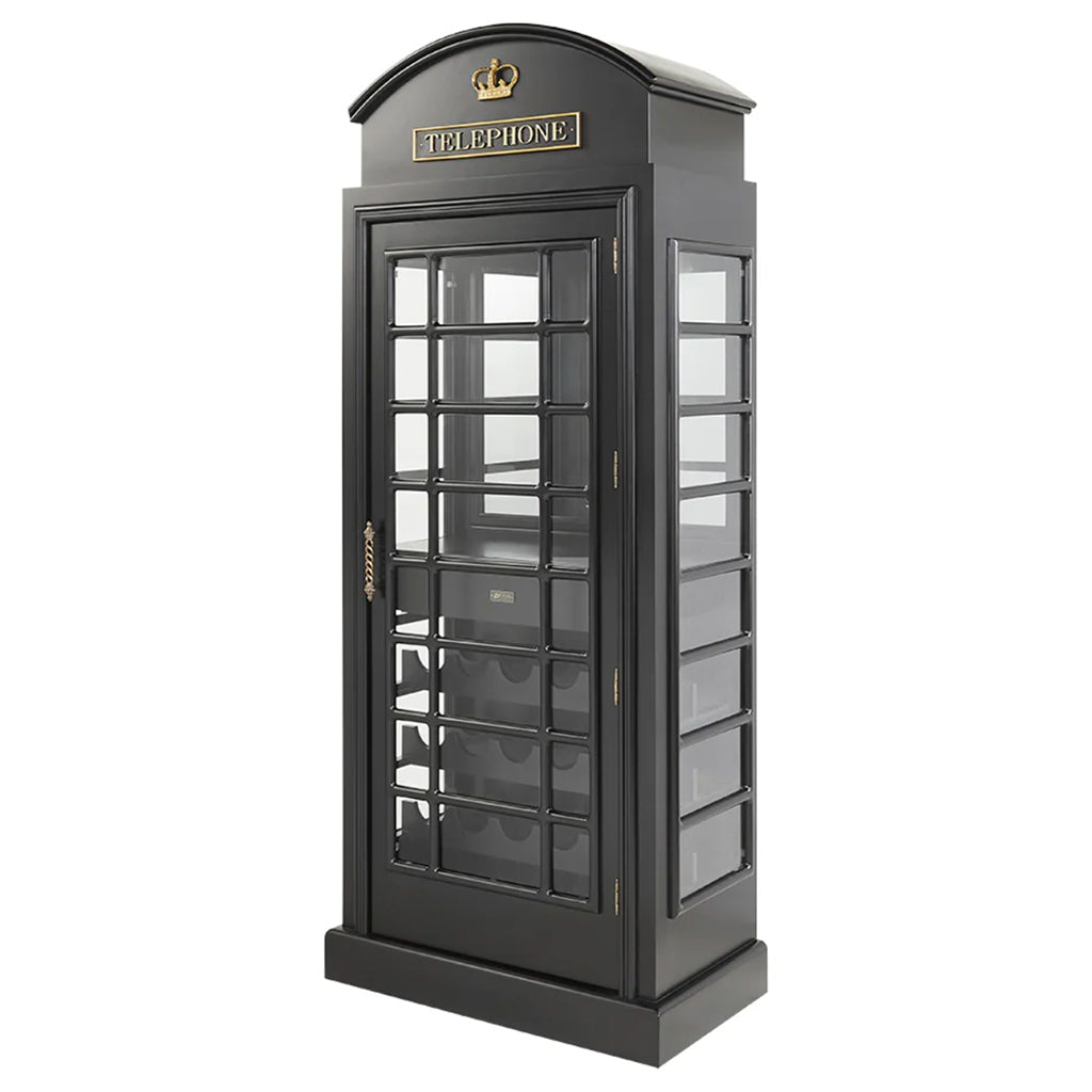 RAM Game Room English Phone Booth Bar Cabinet in Black with an open door showing details inside - Home Bars USA