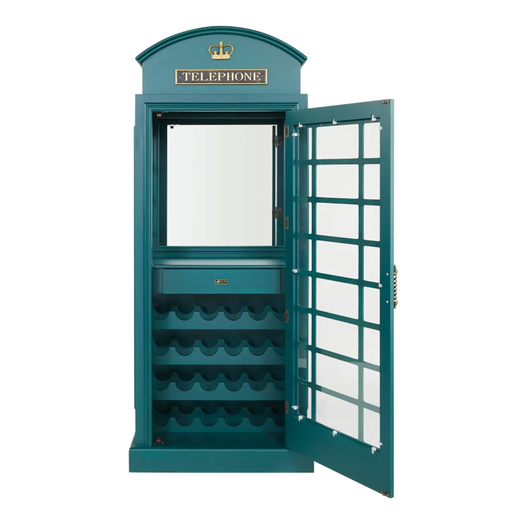 RAM Game Room English Phone Booth Bar Cabinet in British Racing Green with an open door showing details inside - Home Bars USA