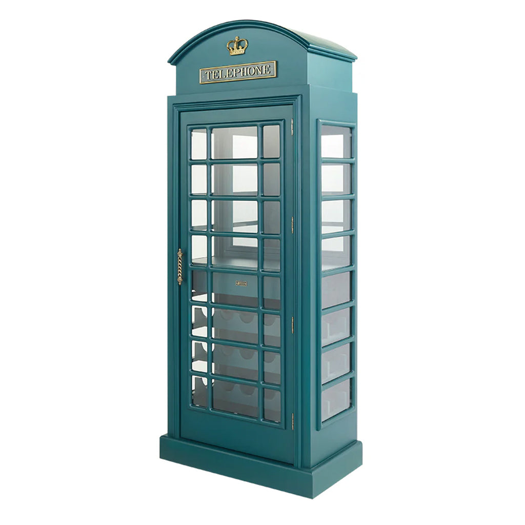 RAM Game Room English Phone Booth Bar Cabinet in British Racing Green with an open door showing details inside - Home Bars USA