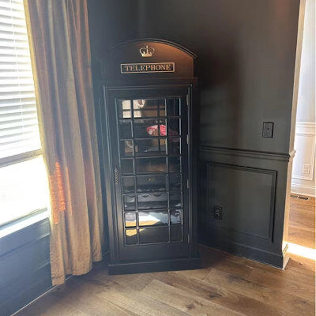 RAM Game Room English Phone Booth Bar Cabinet in Black with an open door showing details inside - Home Bars USA