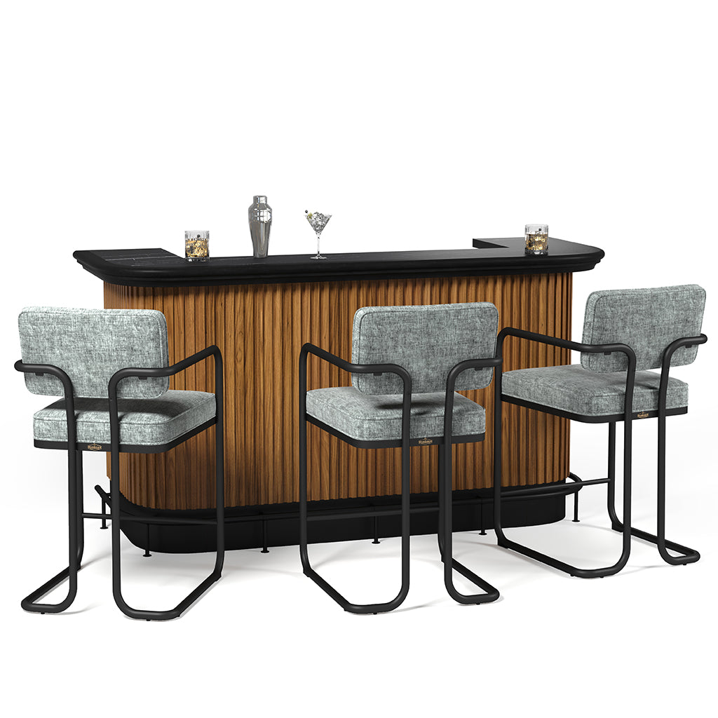 RAM Game Room Prohibition Bar Stool in Vintage Gray with a matching bar - Home Bars USA