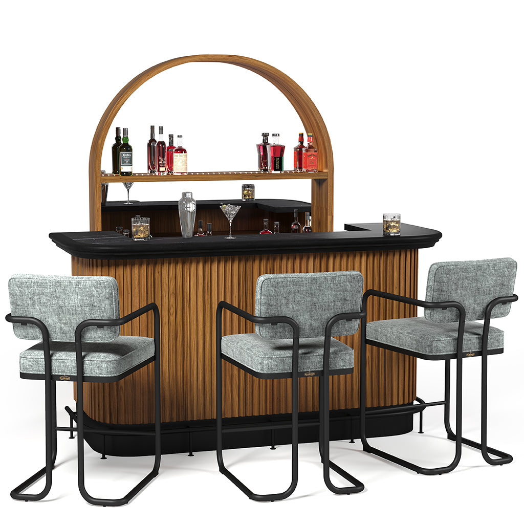 RAM Game Room Prohibition Bar in Matte Walnut full with with back bar and bar stools - Home Bars USA