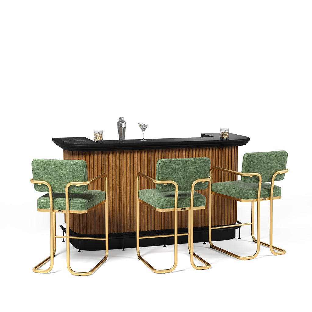 RAM Game Room Prohibition Bar in Matte Walnut with green bar stools - Home Bars USA