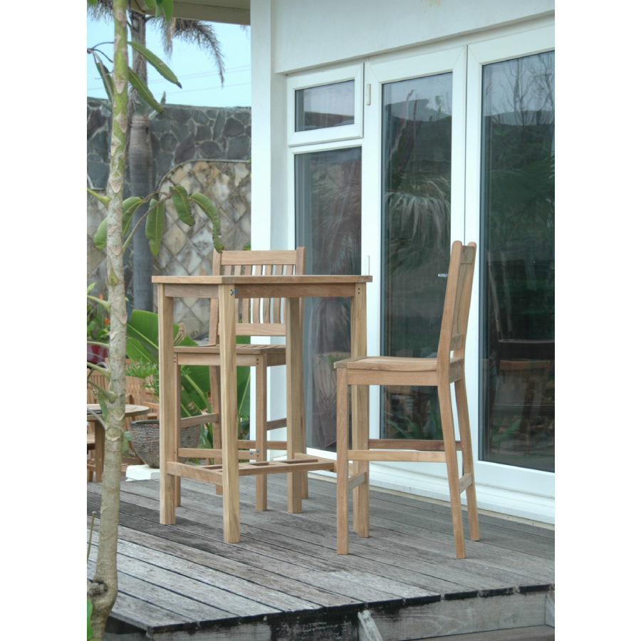 Anderson Teak Avalon Outdoor Bar Table Set on a patio - Home Bars USA