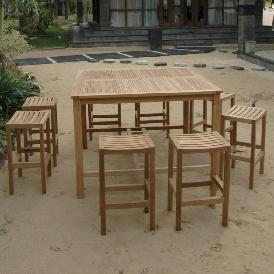 Anderson Teak Outdoor Bar Set Windsor 59&quot; Square Outdoor Bar Table and 8 New Montego Backless Outdoor Bar Chairs - Home Bars USA
