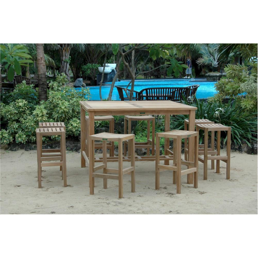 Anderson Teak Outdoor Bar Set Windsor 59" Square Outdoor Bar Table and 8 New Montego Backless Outdoor Bar Chairs - Home Bars USA