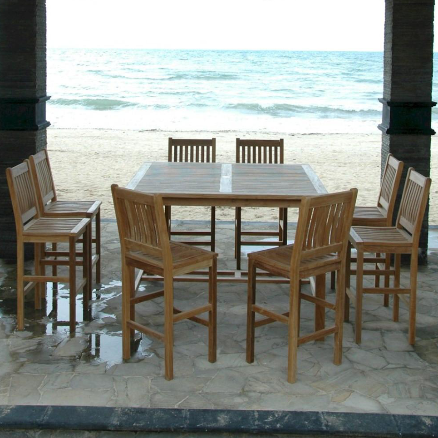 Anderson Teak Windsor Outdoor Bar Set with a Square Outdoor Bar Table and 8 Avalon Outdoor Bar Chairs - Home Bars USA