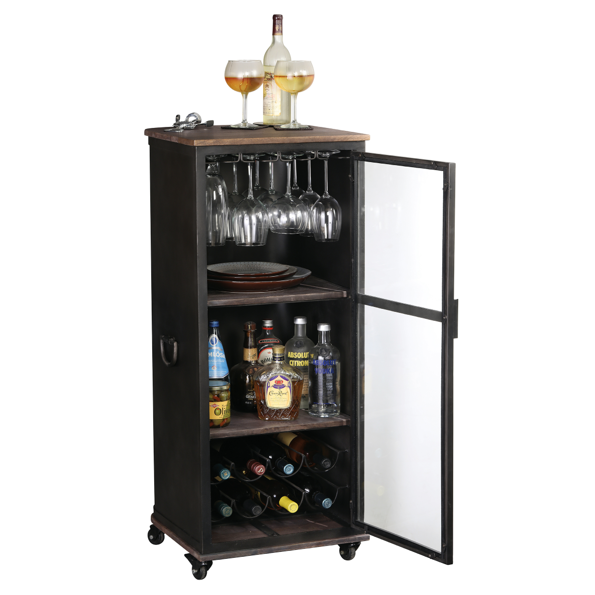 Howard Miller Stir Stick Wine &amp; Bar Cabinet 695272 front view with an open door - Home Bars USA