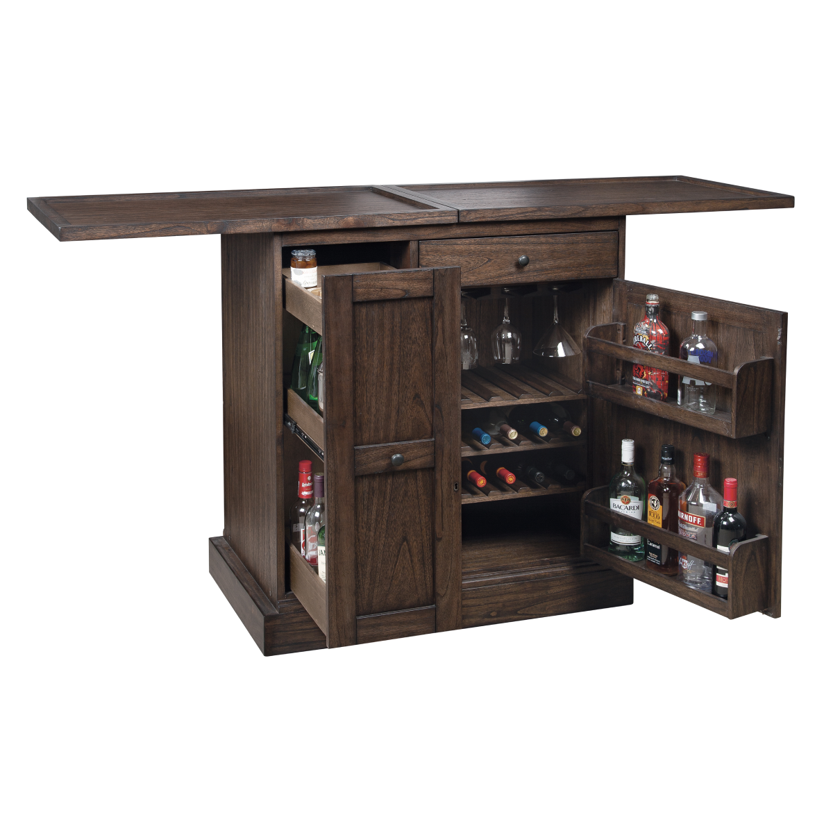 Howard Miller Tipple Wine & Bar Console 695280 view with open counter top and shelves showing inside interior - Home Bars USA