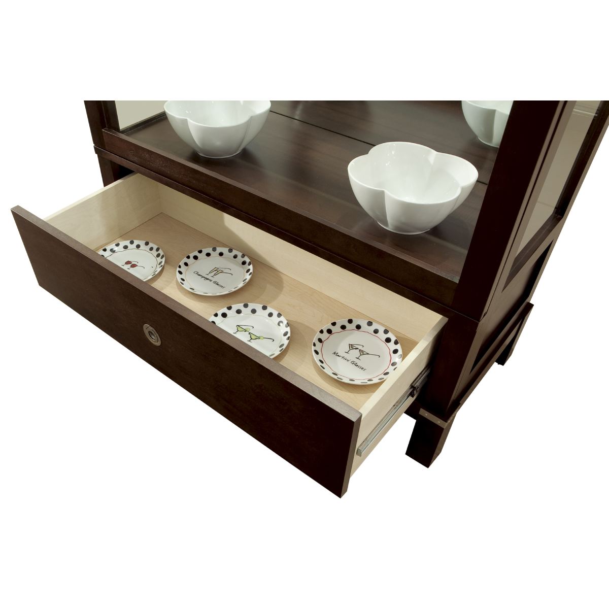 Howard Miller Williamson Curio Cabinet 680515 an open drawer with an extra space - Home Bars USA