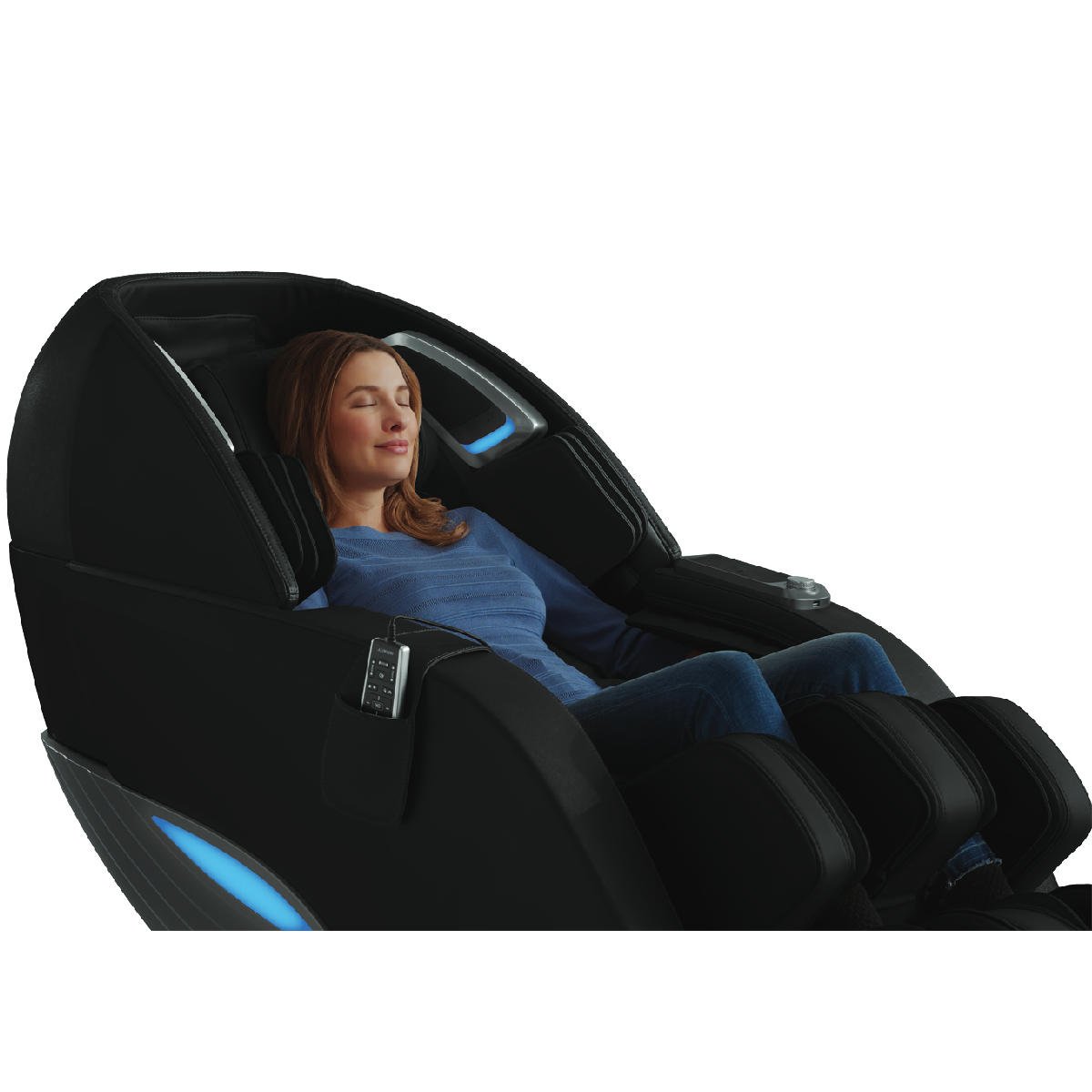 Infinity Dynasty 4D Massage Chair in Black with a model sitting in a massage chair - Home Bars USA