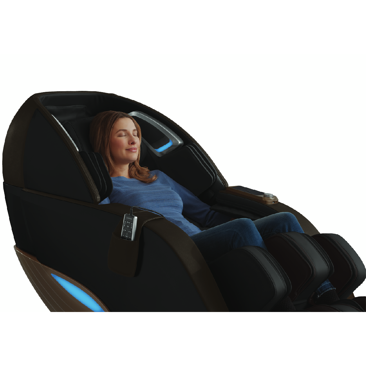 Infinity Dynasty 4D Massage Chair in Brown with a model sitting in the massage chair - Home Bars USA