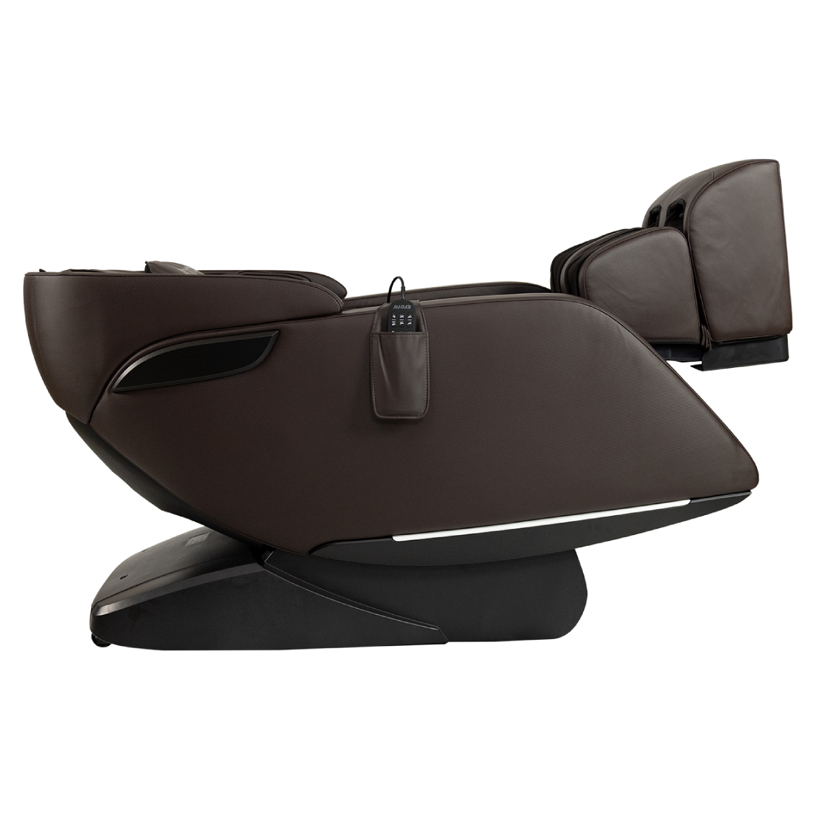 Kyota Genki Massage Chair M380 in Brown reclined view with remote - Home Bars USA