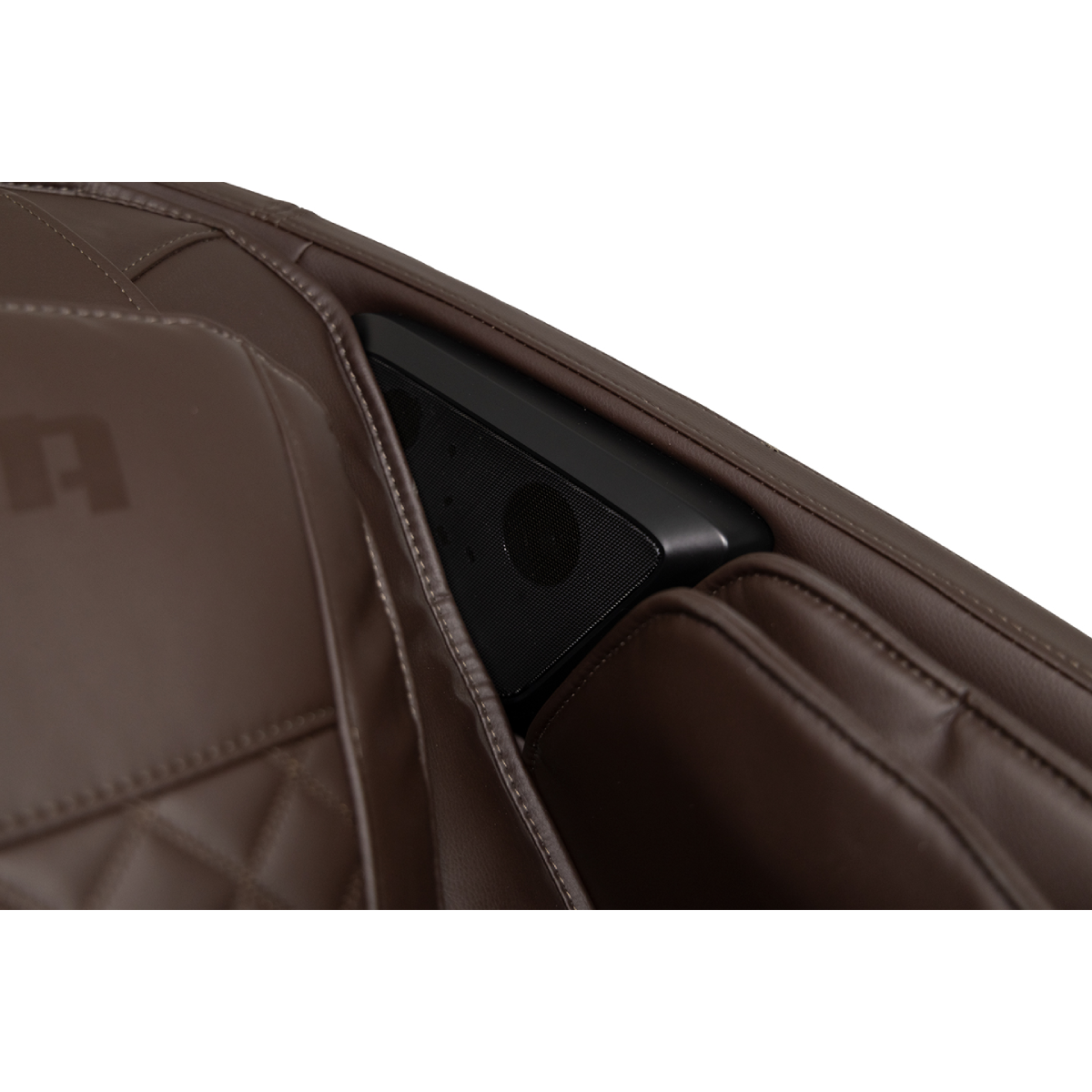 Kyota Genki Massage Chair M380 in Brown with speaker close up details - Home Bars USA